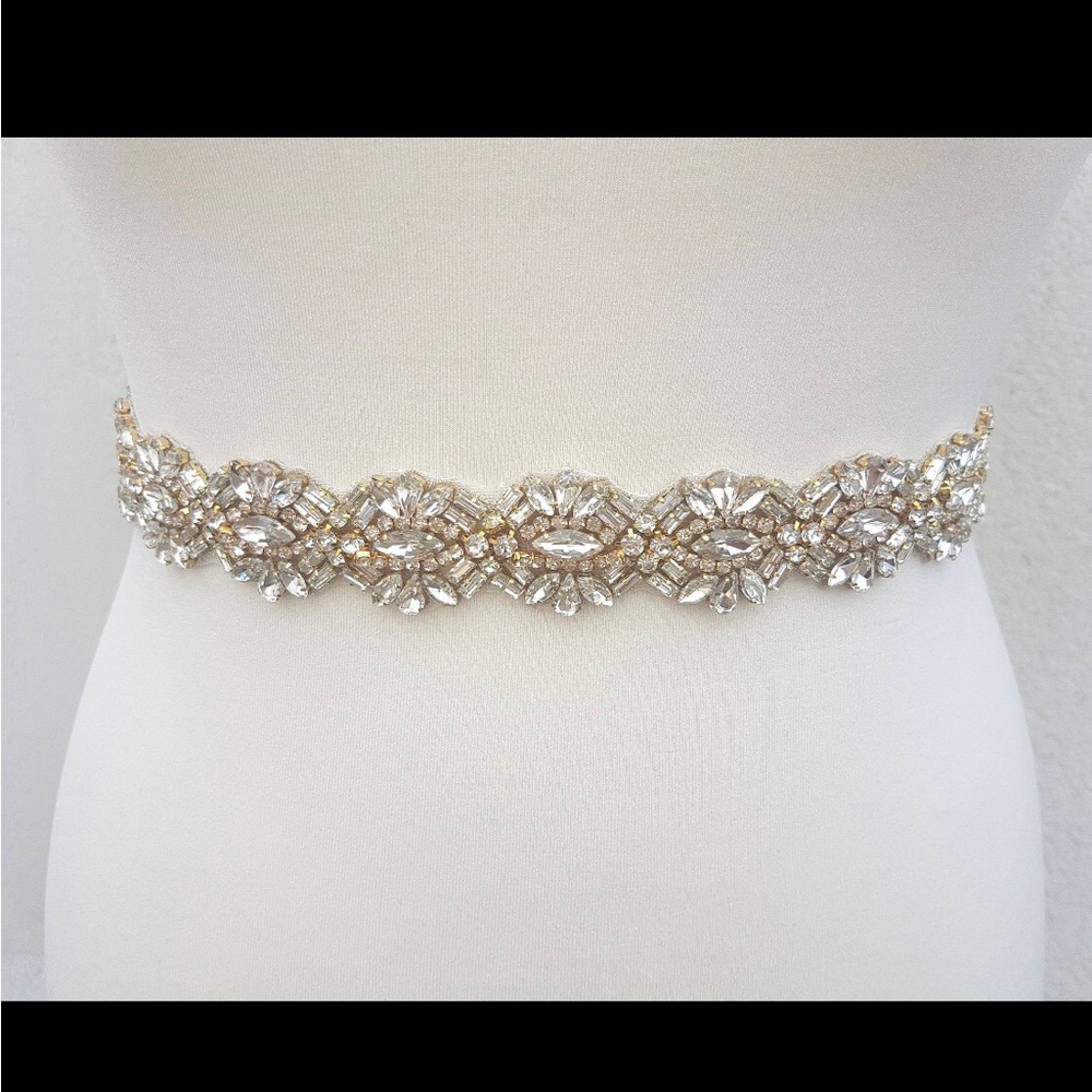 Magnificence Bridal brand Bridal Rhinestone Sash with Aqua Satin Belt Tie